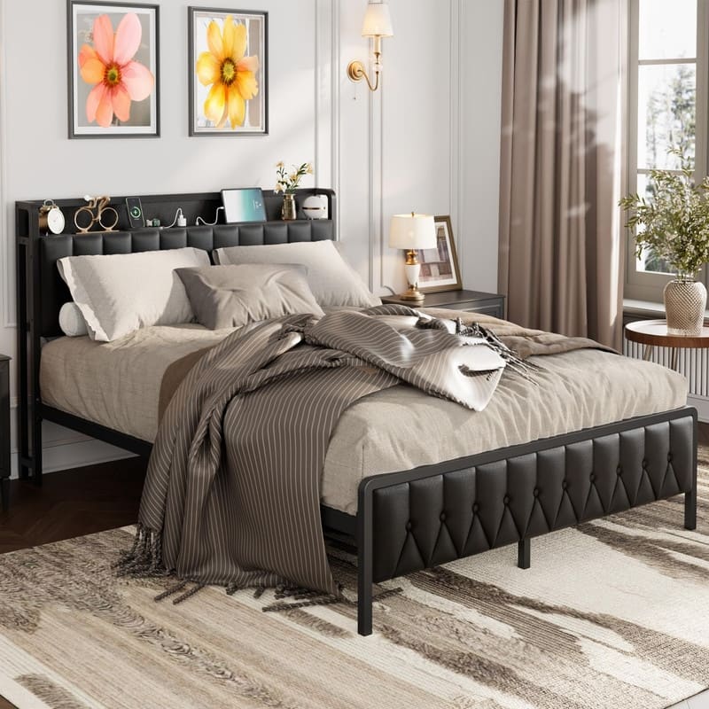 Faux Leather Upholstered Bed Frame with USB Ports