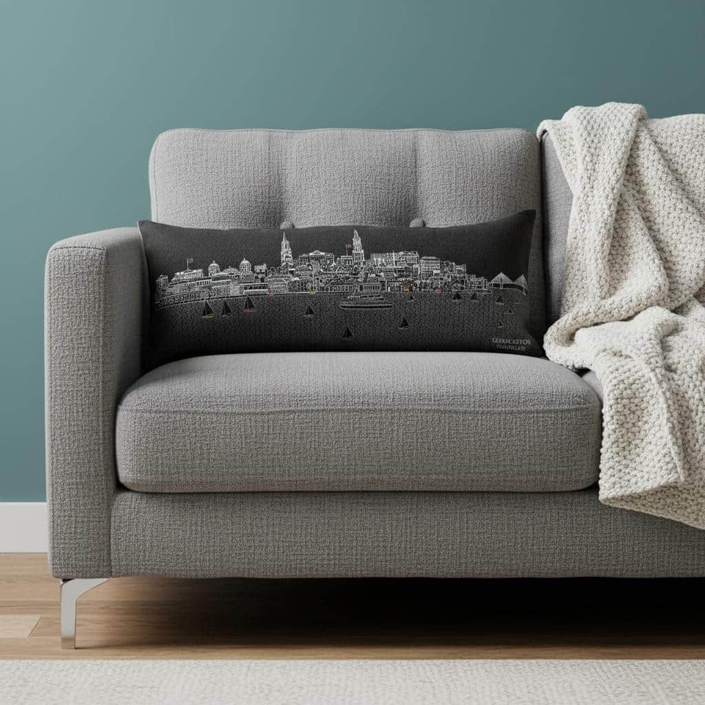 HomeRoots 14" X 35" Dark Gray And White Charleston Nighttime Skyline Lumbar Decorative Pillow