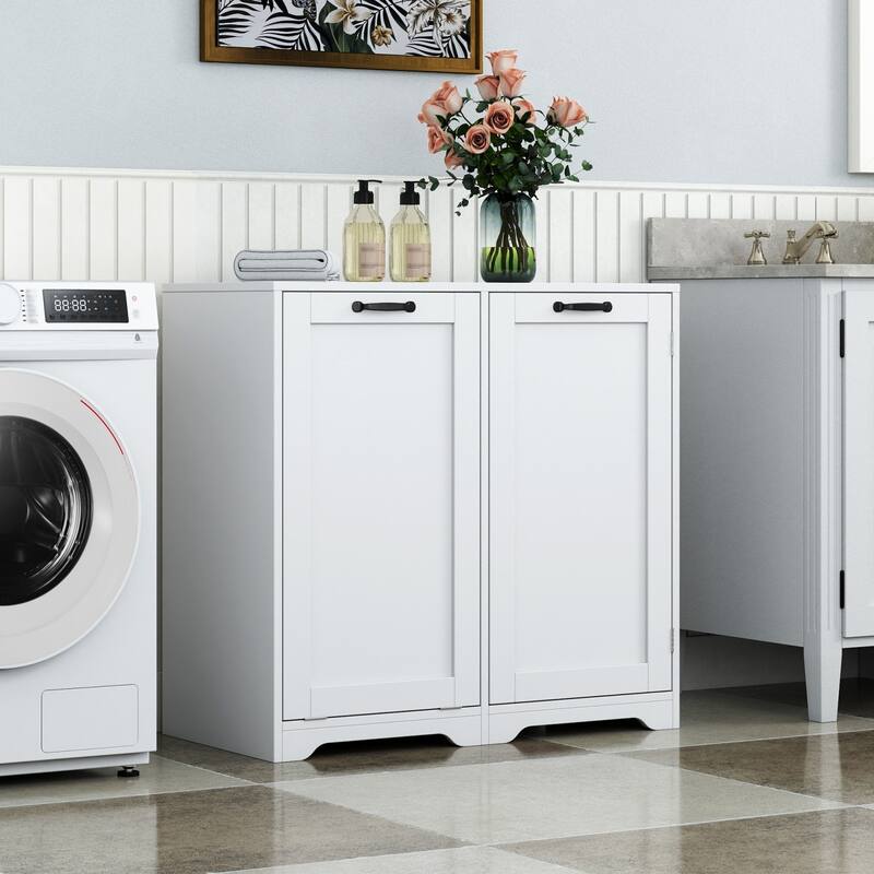 Freestanding Bathroom Laundry Cabinet with Adjustable Shelf & Tilt-Out Laundry Hamper