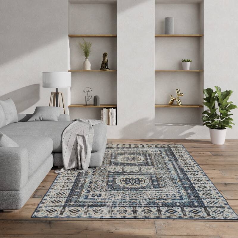 Kezia Vintage Style Tribal Kazak Rug, Blue/Vanilla Beige