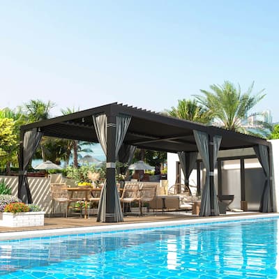 EROMMY 12x20 Adjustable Metal Roof Gazebo, Louvered Pergola for Outdoor Use, Includes Curtains and Netting for Patio