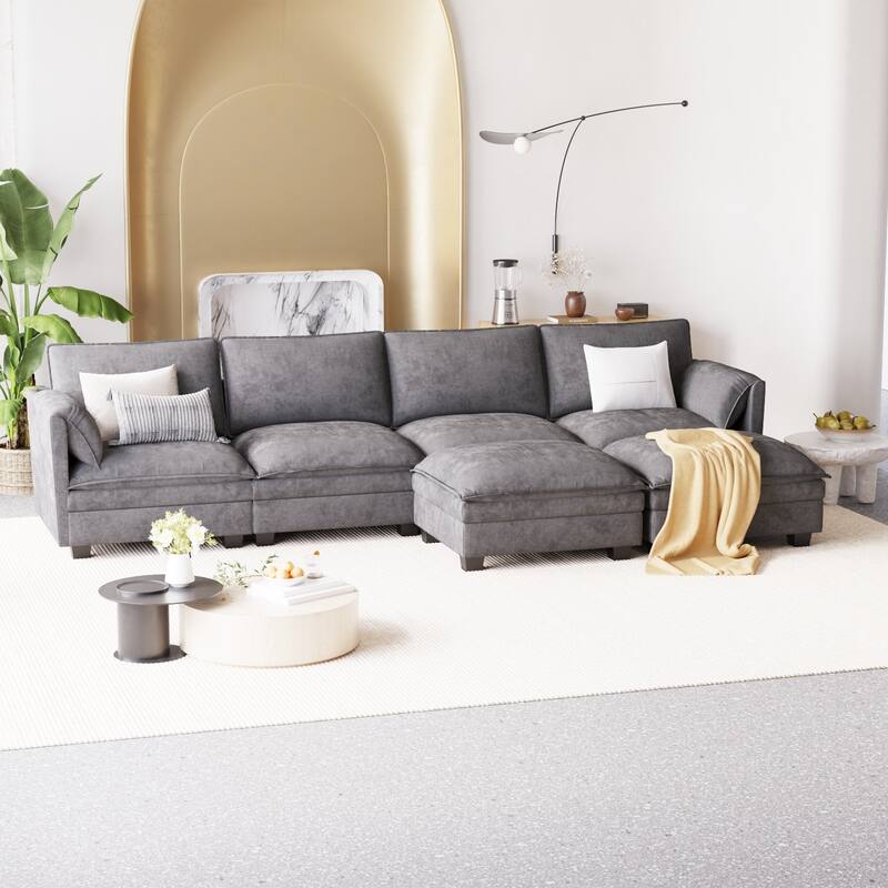 GDFStudio - Noah 141.5" U-Shaped 6-Seater Sofa Couch with Movable Ottoman and Armrest Pockets, Fabric Upholstery - U-Shape