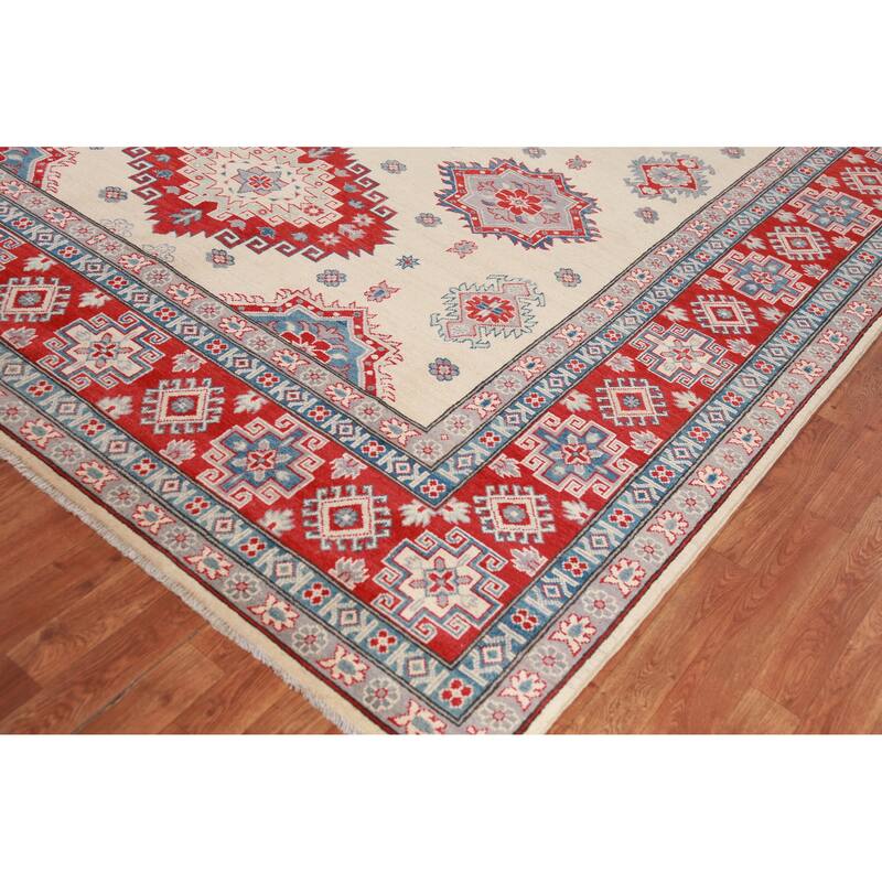 Hand Knotted Oriental 100% Wool Carpet Traditional Geometric Beige & Ivories Kazak Area Rug - 11' 1'' X 8' 4''