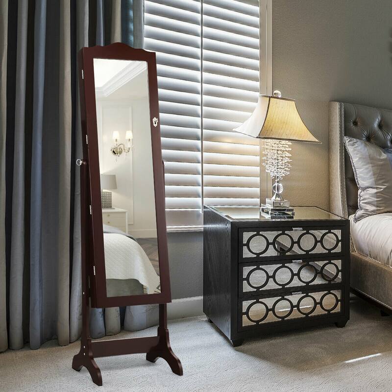 Gymax Mirrored Jewelry Cabinet Armoire Storage Organizer w/Drawer &