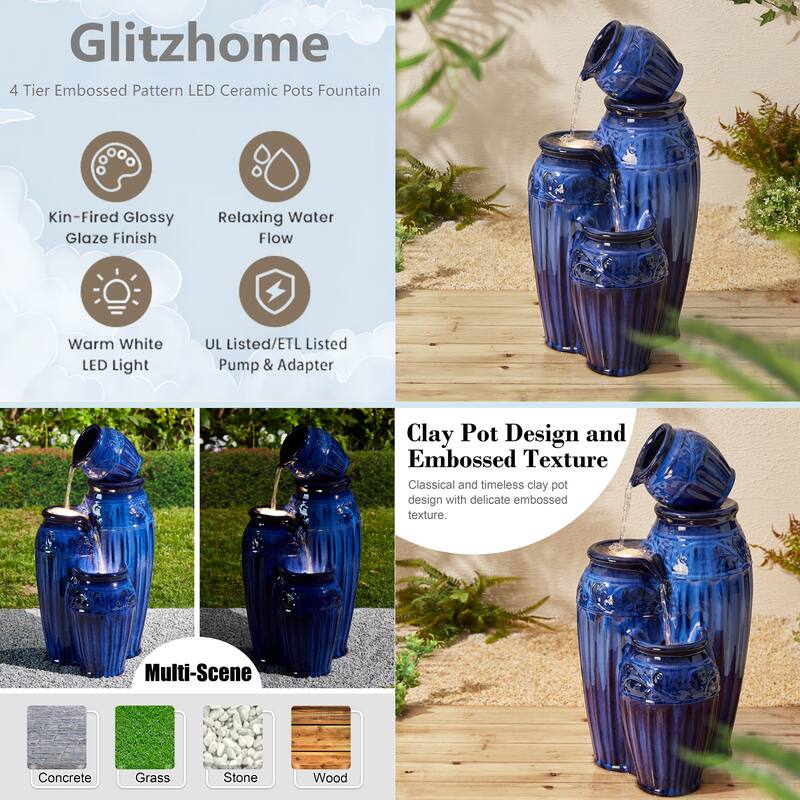 Glitzhome 27"H/35"H 4-Tier Embossed Pattern LED Ceramic Pots Fountain
