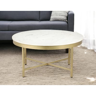 HomeRoots 36" White And Gold Genuine Marble And Steel Round Coffee Table - 36' X '18' X '36