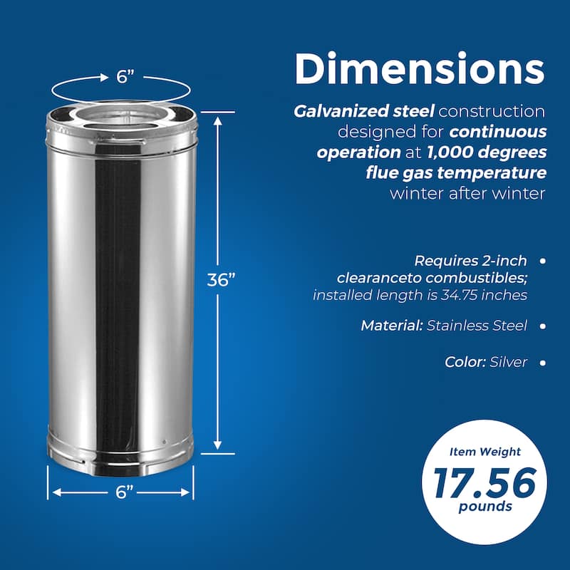DuraVent 6DP-36 DuraPlus 36 x 6 Galvanized Steel Triple Wall Stove Pipe - 17.6