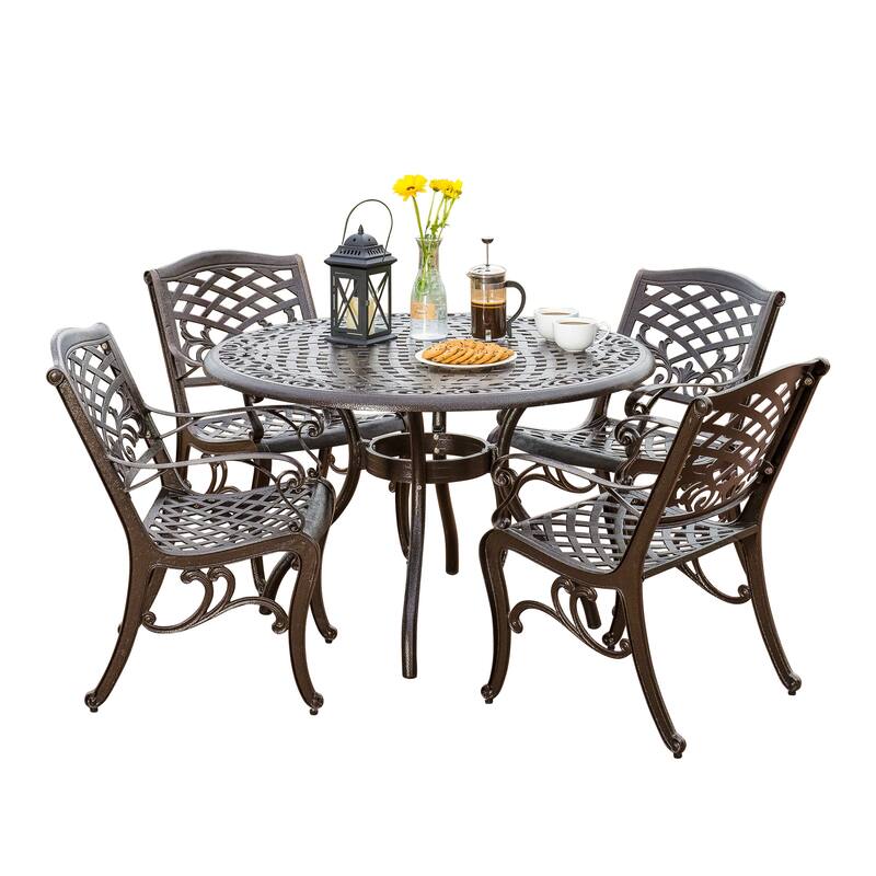 Roomfitters Outdoor Aluminum Dining Set with Lattice-Pattern Round Table and Four Armchairs for Stylish Patio Dining