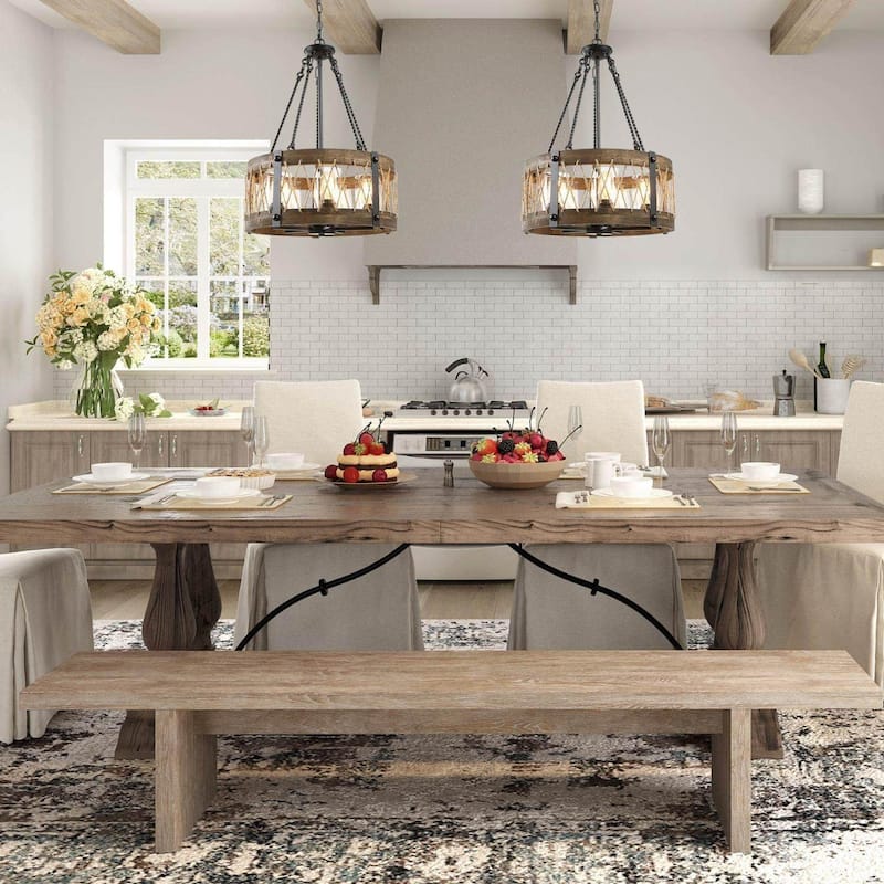 Farmhouse Rustic 5-Light Drum Wood Chandelier for Dining Living Room - D19"x H 27"