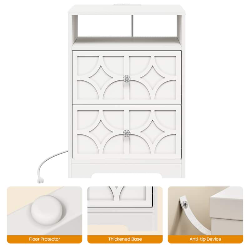 Large Night Stand with 2 Drawers and Charging Station