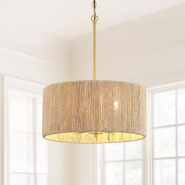 slide 2 of 11, Jillian 4-Light Rattan Drum Chandelier Light with Brass Canopy - 18'' W 18'' W