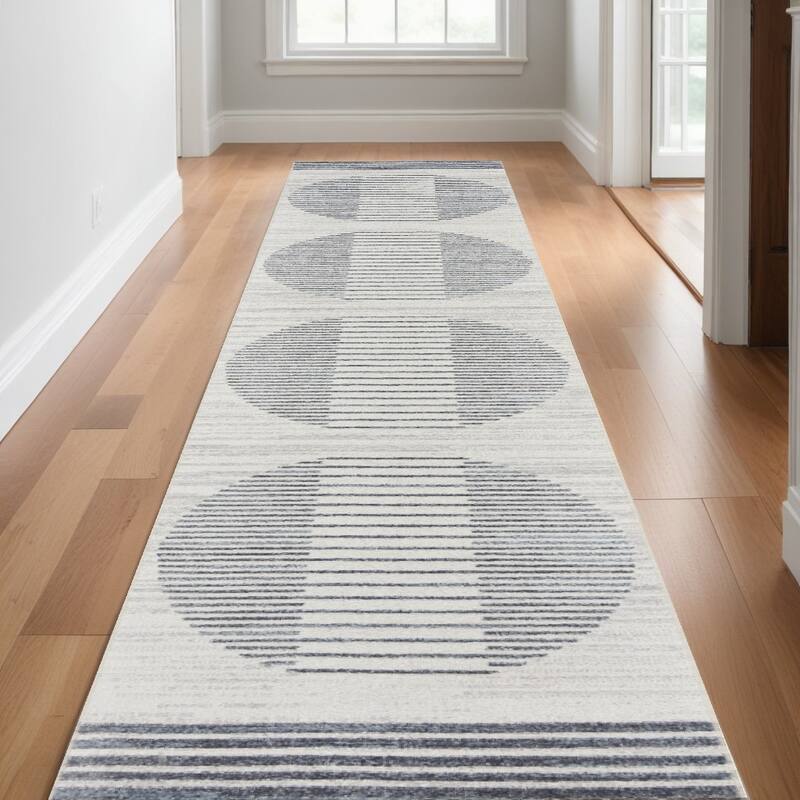 Power Loomed Geometric Modern Area Rug - 144' X '26' X '0.25 - Oxford Blue - Runner