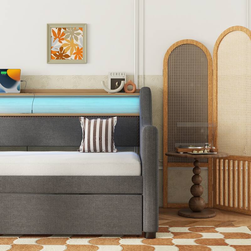 Twin Size Upholstered Daybed with Trundle, Charging Station, LED Lights, and Storage Headboard, Gray