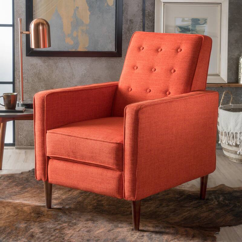 Orange Fabric Mid-Century Upholstered Push Back Recliner with Footrest, Button-tufted Backrest, Beech Wood Legs