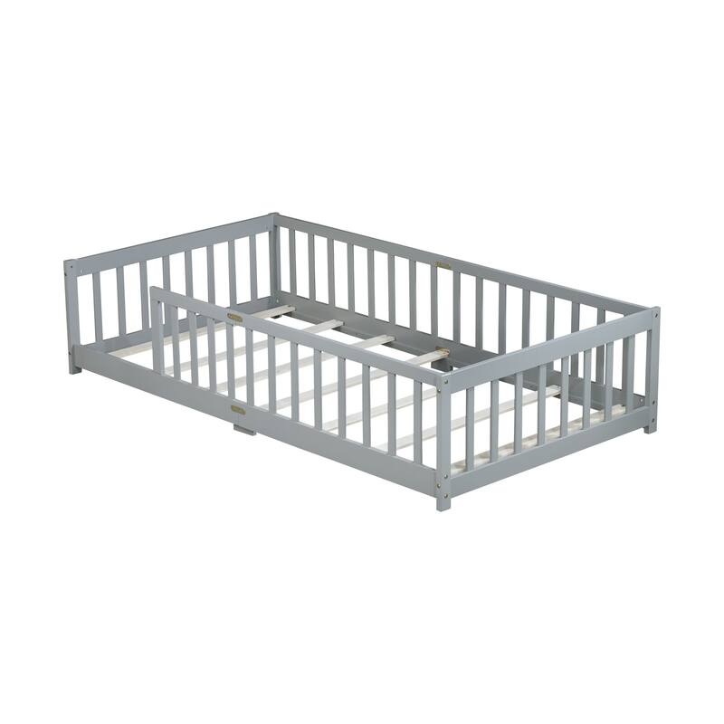 Twin Size Grey Rubber Wood Floor Bed with Safety Fence for Kids, No Door Design