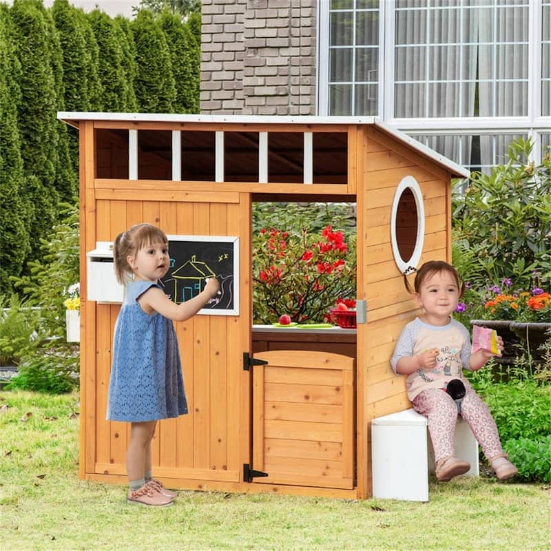 Yellow Wooden Kids Outdoor Playhouse with Mailbox Blackboard Bench and Flowerpot Holder - 48" L x 42.5" W x 53.25" H