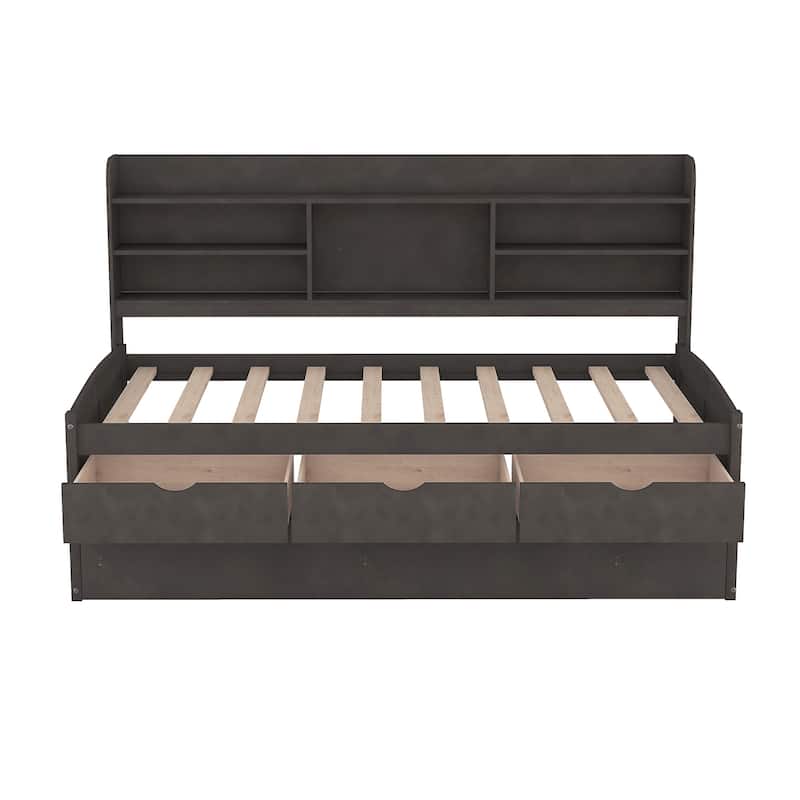Classic Twin Wooden Captain Bed with Bookcase Headboard, 3 Storage Drawers, and Trundle for Guest Sleepovers