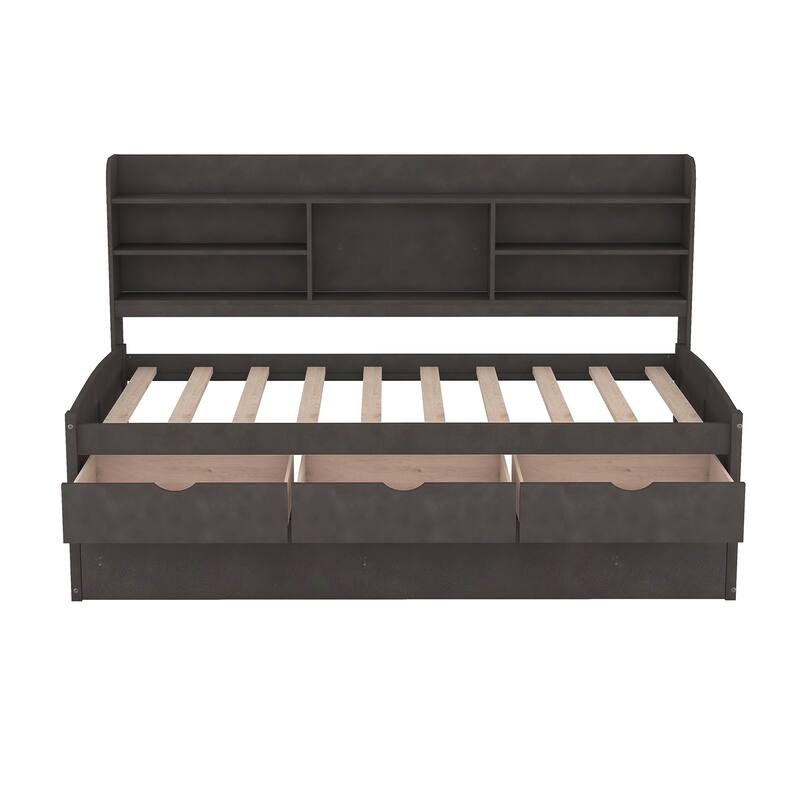 Twin Size Wooden Captain Platform Bed with Built-in Bookshelves, Three Storage Drawers and Trundle