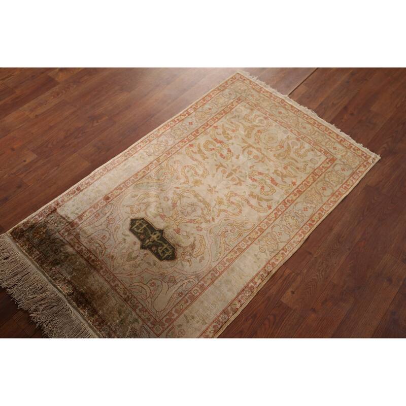 Pre-1900 Antique Hereke Vegetable Dye Turkish Rug Handmade Silk Carpet - 2'3" x 3'11"