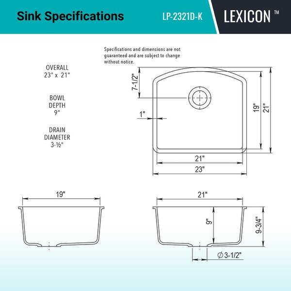 dimension image slide 1 of 6, Lexicon Platinum 2321D Quartz Composite Single Bowl Kitchen Sink