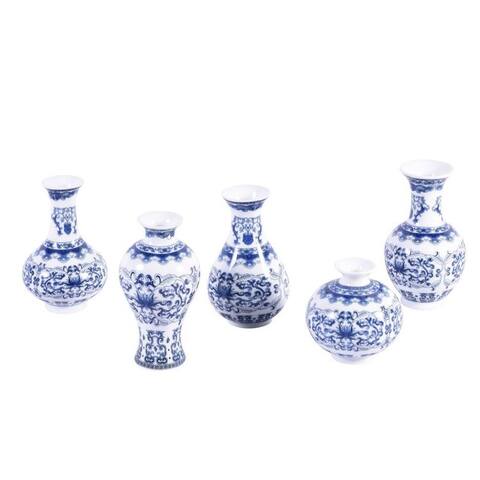 Blue and White Curly Vine Bud Vases - Set of 5