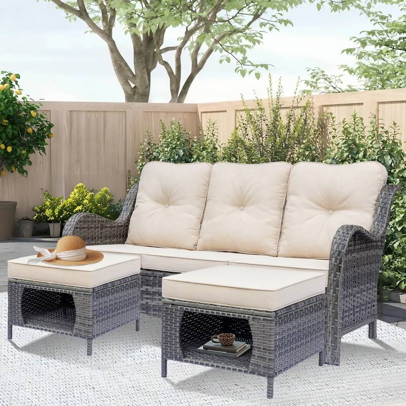 High Back 3-Seat Patio Wicker Couch Curved Outdoor Sofa with Cushions - 3 Piece - Beige