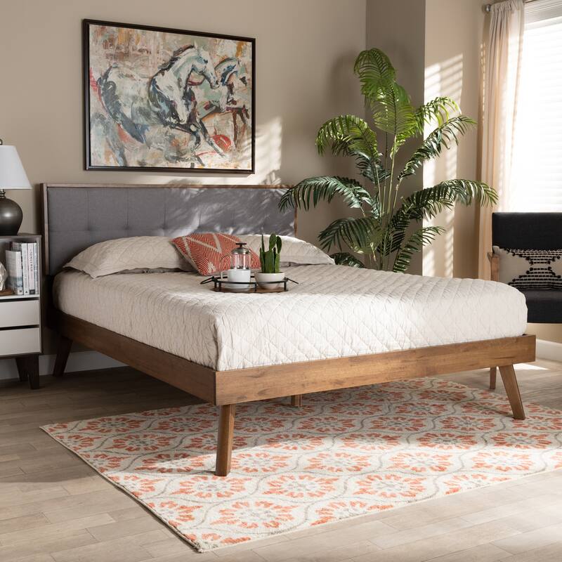 King Size Platform Bed Modern Grey Fabric Upholstered Wood Bed Angled Legs Tufted Design