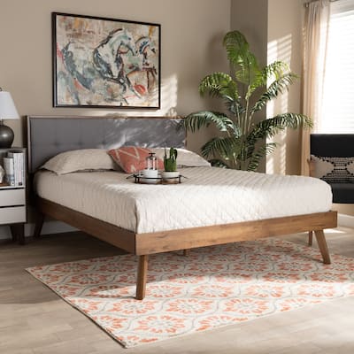 King Size Platform Bed Modern Grey Fabric Upholstered Wood Bed Angled Legs Tufted Design