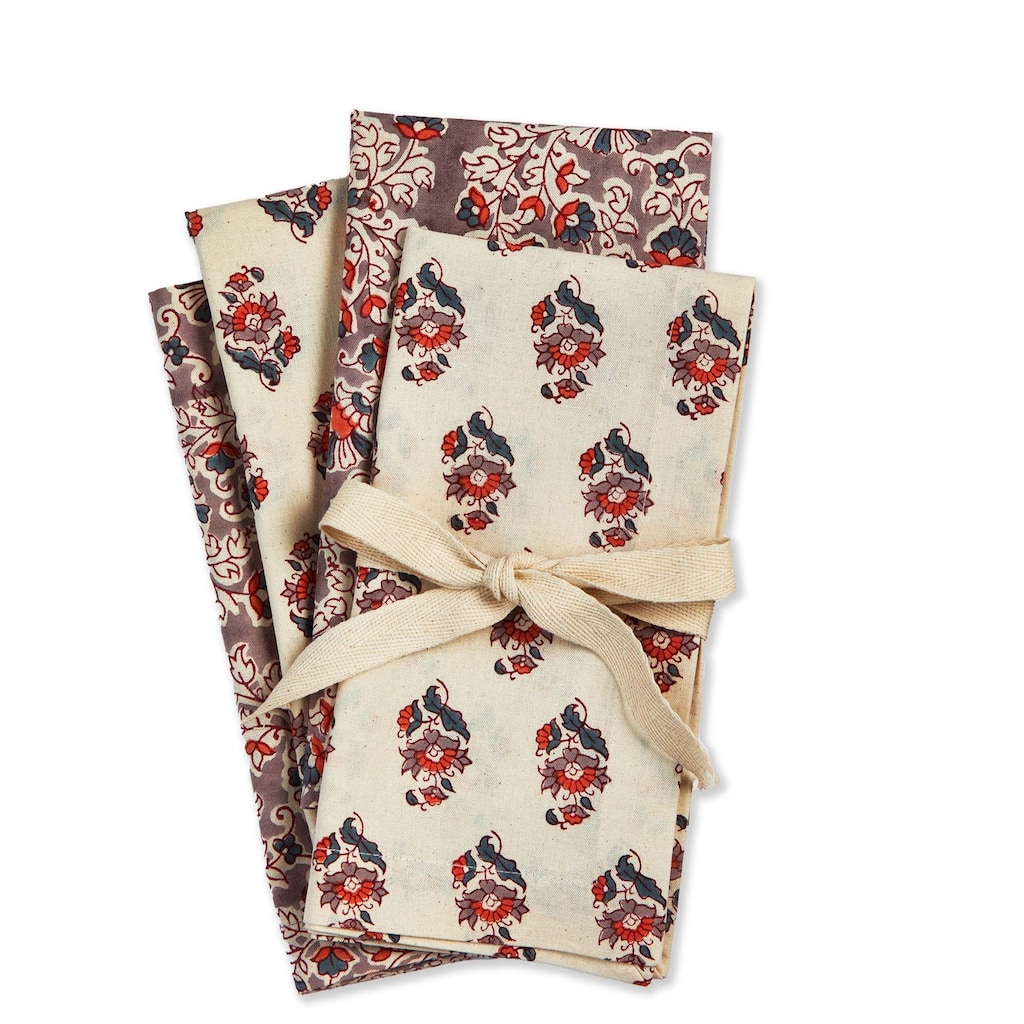 Jasmine Block Print Cotton Napkins - Multicolor Kitchen Textiles for Spring/Summer, Machine Washable, 20" x 20"