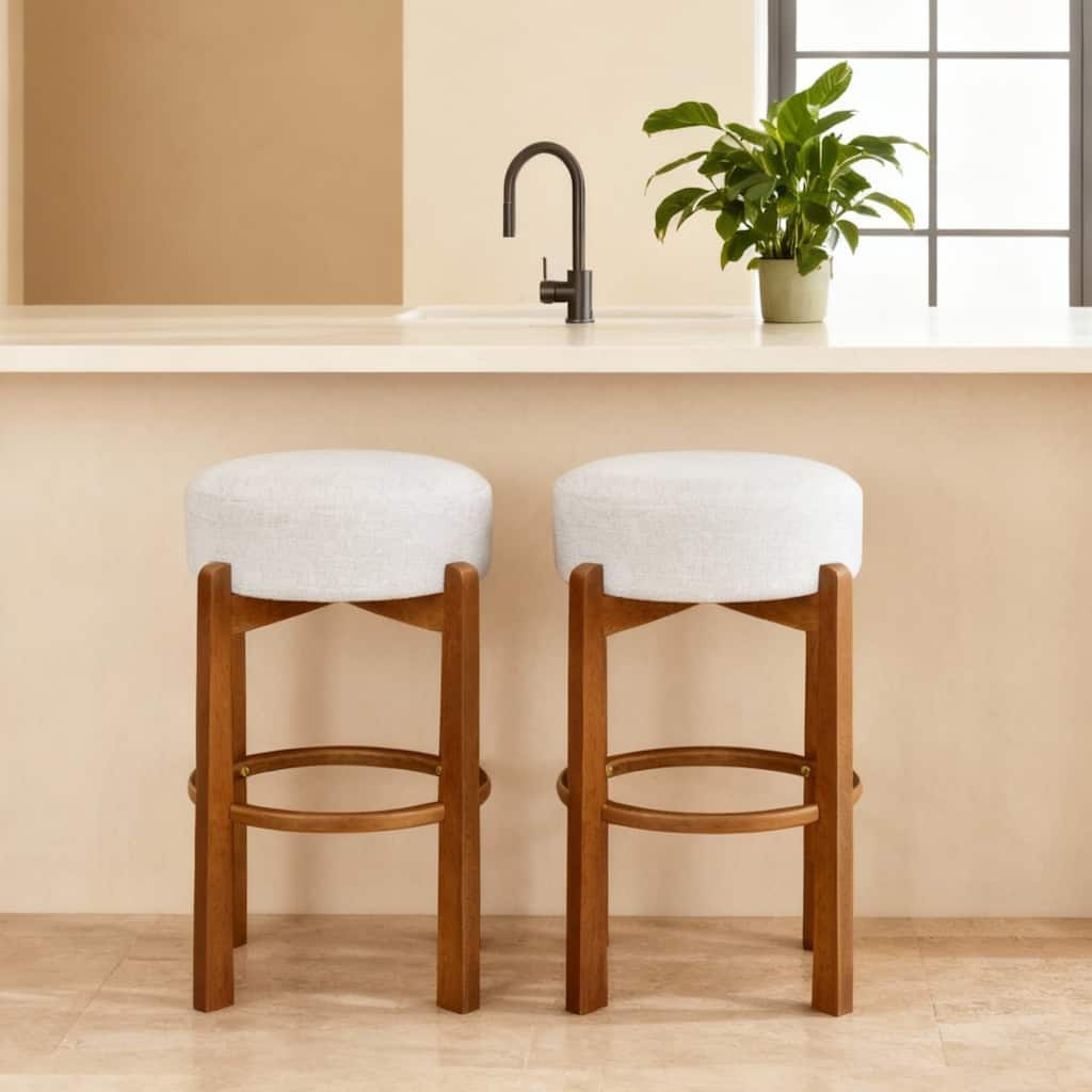 Roomfitters Vera Indoor Wooden Barstools with Round Ivory Seat, Light Walnut Finish