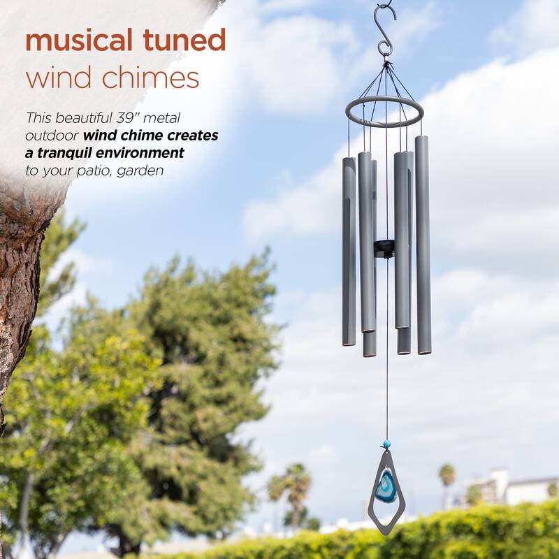 39" Gray Metal Windchime with Blue Gemstone