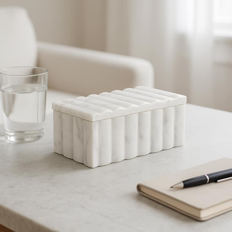 Ridged Marble Rectangular Decorative Box with Lid - White - 7" x 4" x 3"