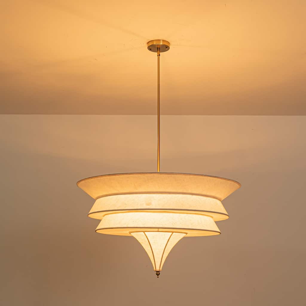5-Light Mid-Century Modern Brass Chandelier for Dining Room&Living Room - Four-Layer Textured Fabric Shade - 5 Light