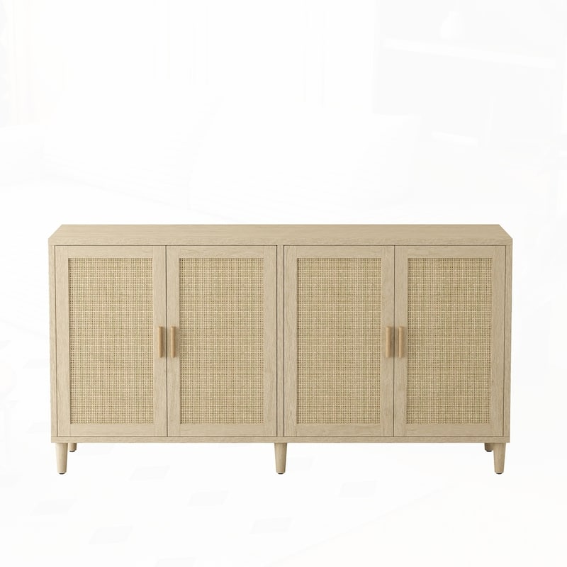 4-Door Rattan Sideboard Buffet Cabinet with Adjustable Shelves - Natural - 70"