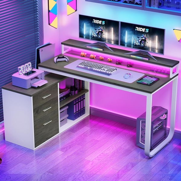 【現金特価】 55 LED and Outlets Power with Desk Gaming L-shaped Inch 冷蔵庫