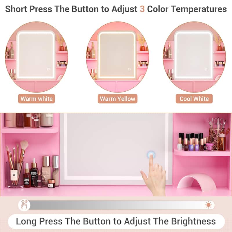 Vanity Table with LED Mirror, Kid's Makeup Vanity Desk with 2 Storage Drawers