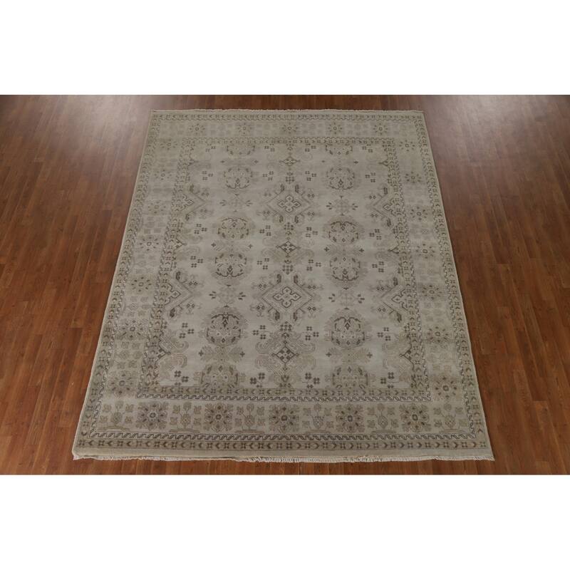 Beige Oushak Area Rug Hand-Knotted Wool Carpet - 7'10"x 9'7"