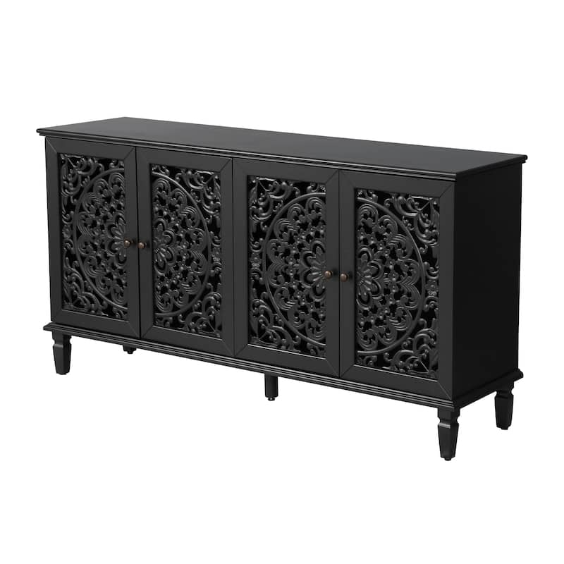 60" Antique Buffet Cabinet with Floral Carvings with Solid Wood Legs&Antique Brass Handles&Adjustable Shelves,TV Stand for 65'