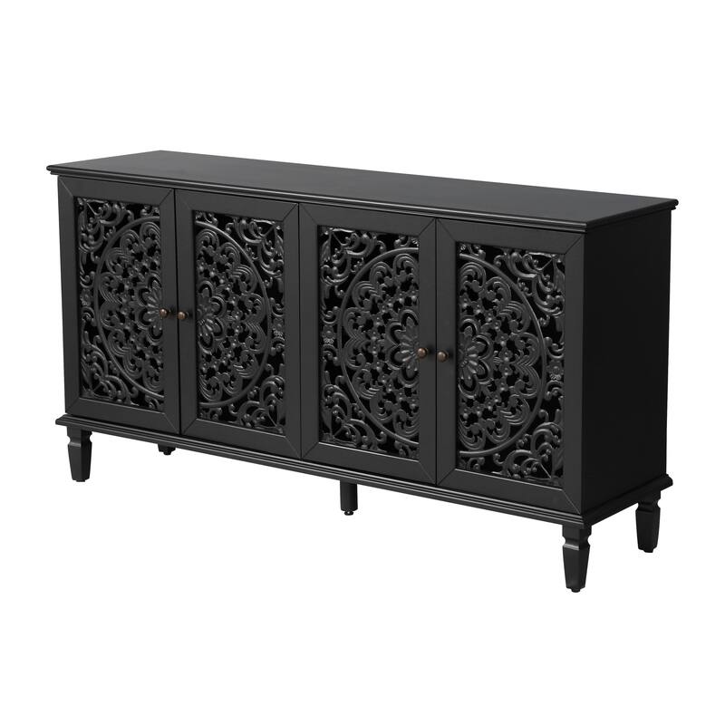 60" Antique Buffet Cabinet with Floral Carvings with Solid Wood Legs