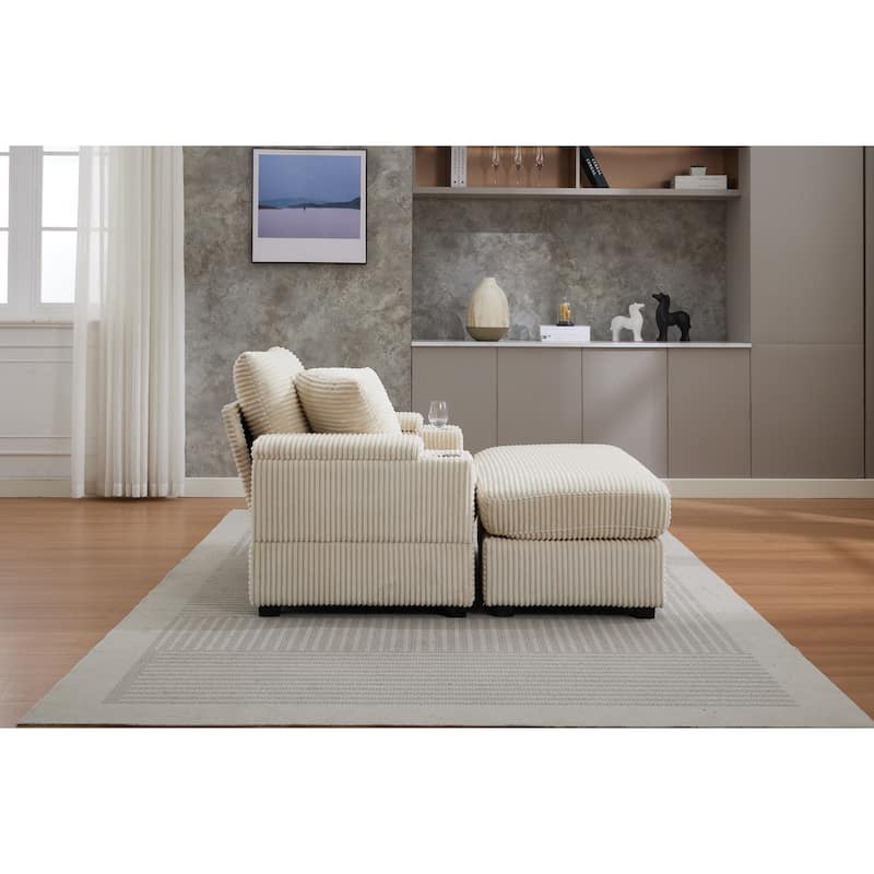 Corduroy Upholstered Chaise Lounge with Movable Ottoman, Living Room Storage Sofa Chair with Cup Holder, Detachable Cushions