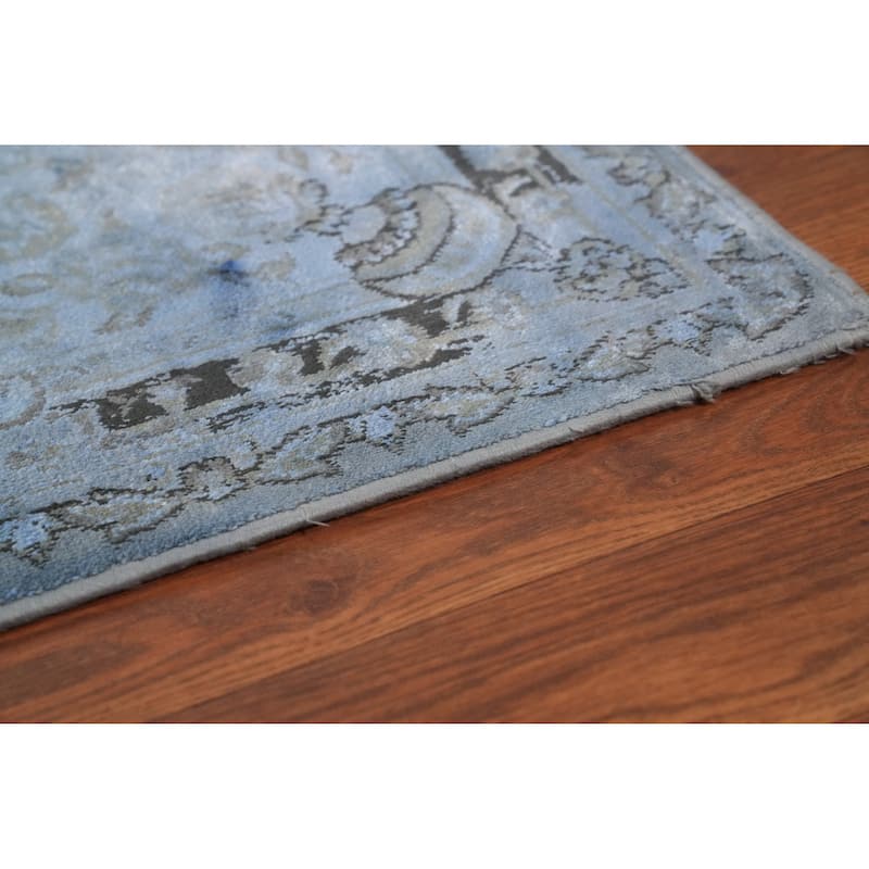 Machine Made Oriental Polyester Carpet Traditional Medallion Navy Blue & Blues Tabriz Area Rug - 7' 5'' X 5' 2''