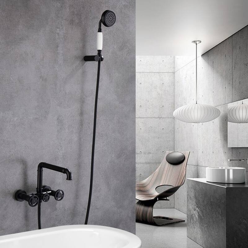 Modland Double Handle Wall-Mounted Bathtub Faucet with Handheld Shower in Black/Gold