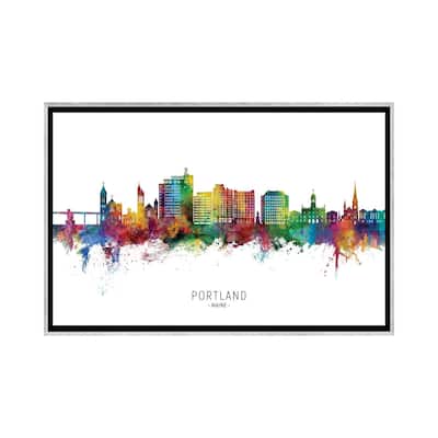 iCanvas "Portland Maine Skyline City Name" by Michael Tompsett Framed