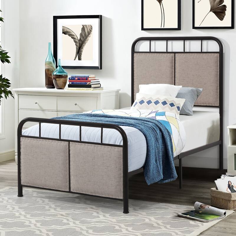 Twin Size Linen Upholstered Platform Bed Frame with Headboard and Footboard