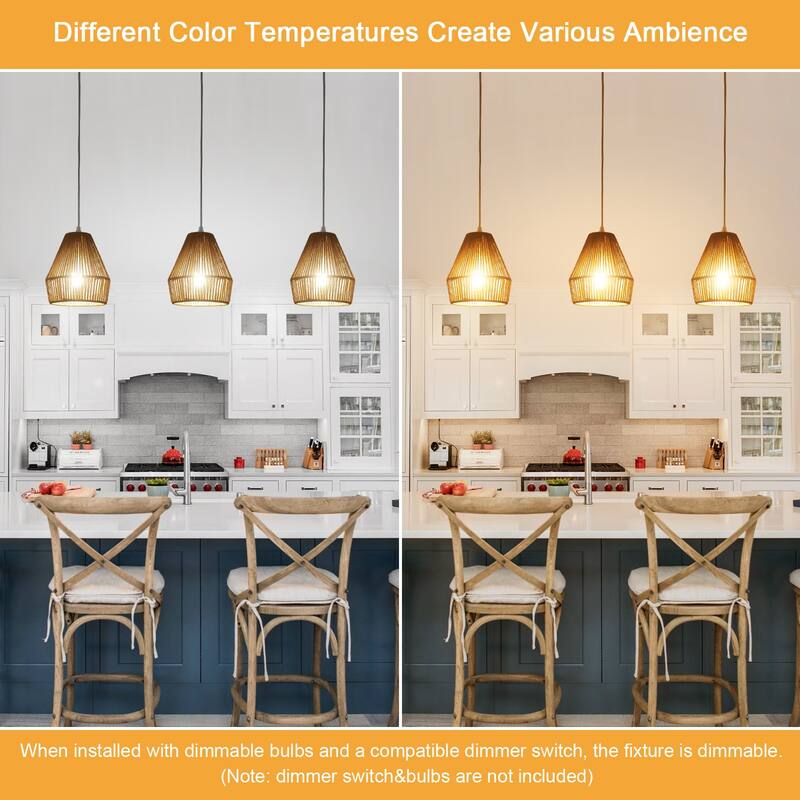 (Set of 3)1-Light Paper Rope Shaded Pendant Lights for Kitchen ，Set of Lghting Fixtures, Farmhouse Semi Flush Mount Chandelier