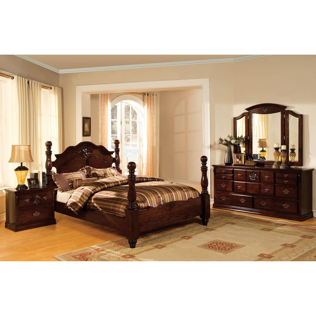Weston Traditional Glossy Dark Pine Wood 4-Piece Poster Bedroom Set by Furniture of America