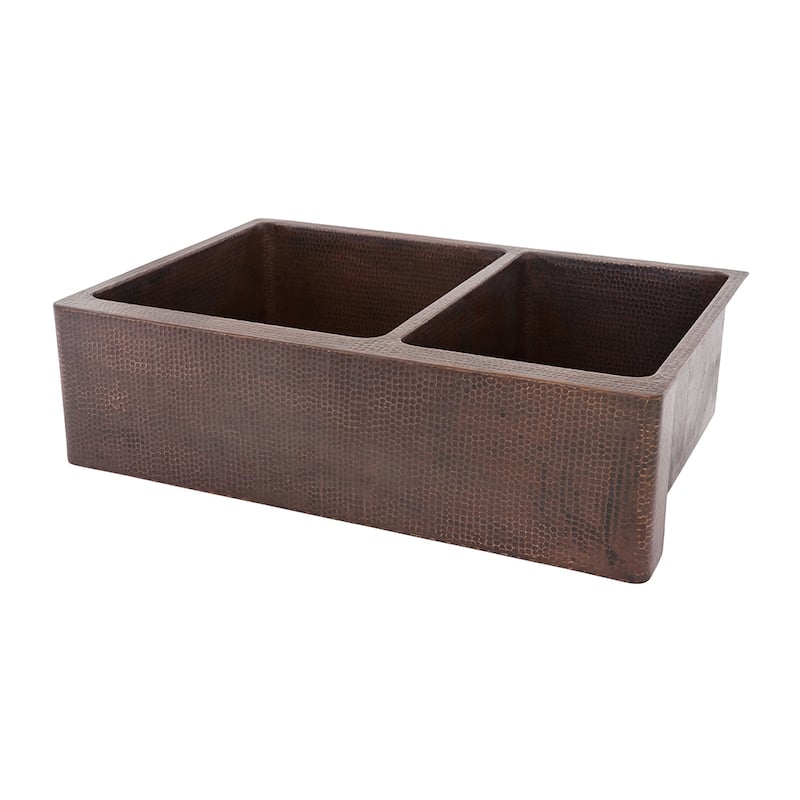 33-in Hammered Copper Kitchen Apron 60/40 Double Basin Sink with Matching Drains, and Accessories (KSP3_KA60DB33229)