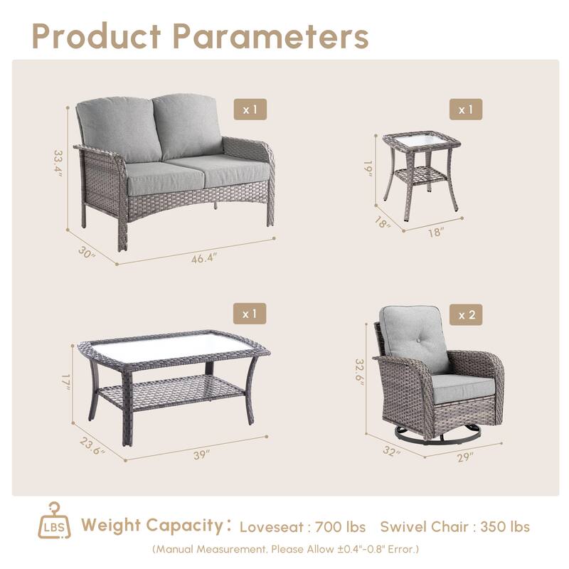 HOOOWOOO 5-piece Grey Wicker Furniture Chat Set Patio Conversation Set with Swivel Chair