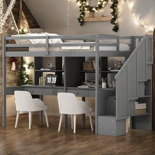 Elegant Twin Size Loft Bed Frame with Storage Staircase and Double Desks and Shelves, Sturdy construction & Unique design, Grey