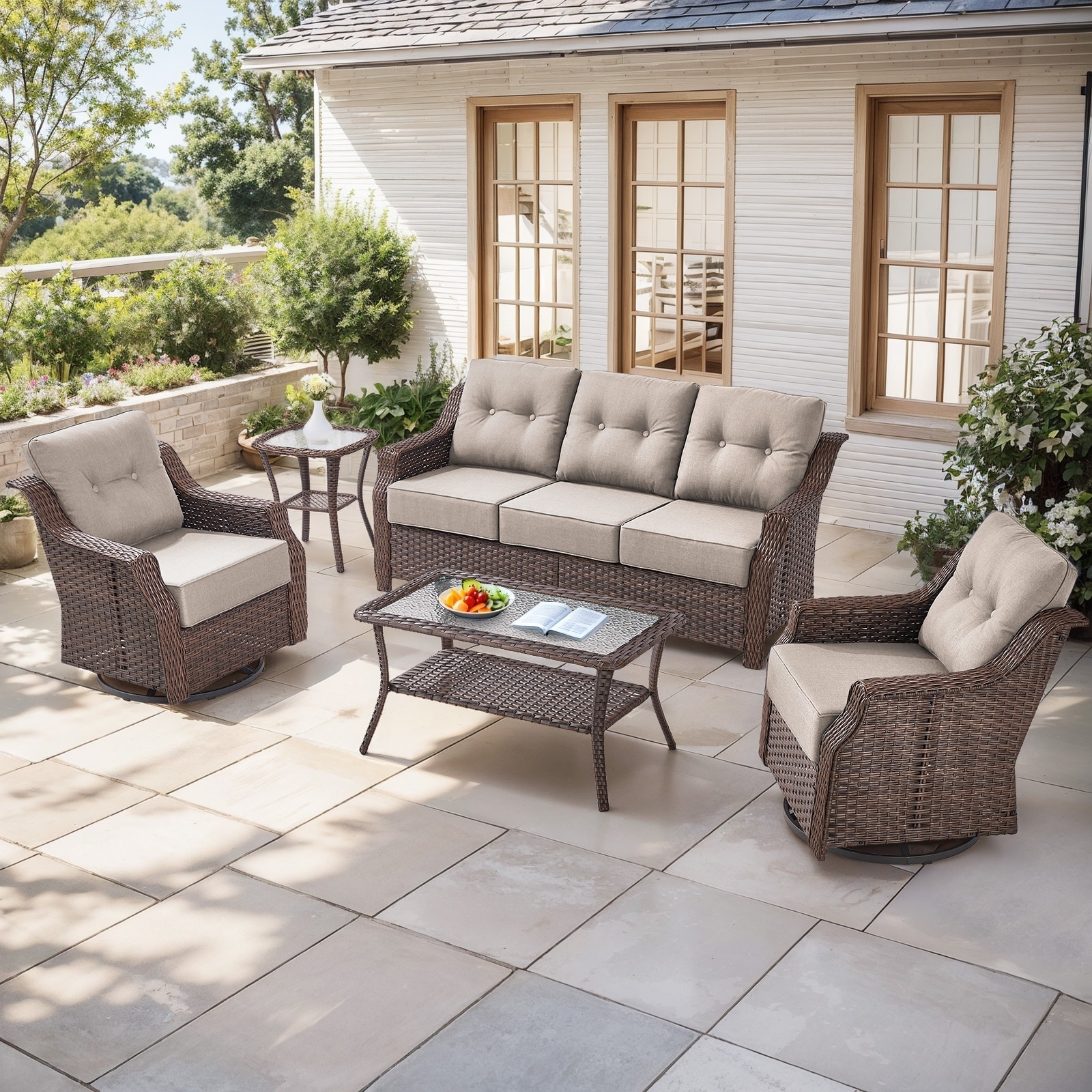 Gymojoy Wicker Patio Furniture Sofa Set, 6-Inch Ultra Thick Cushioned 360°Swivel Glider Chairs & Sofa Set